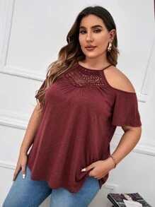 SHEIN LUNE 大碼水溶蕾絲拼接挖肩T恤 - 紫紅色 - 查看 4