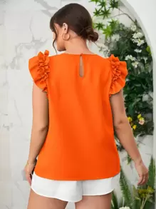 SHEIN Privé Plus Solid Ruffle Trim Top - Orange - View 2
