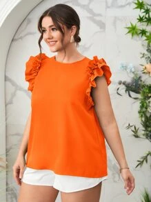 SHEIN Privé Plus Solid Ruffle Trim Top - Orange - View 4