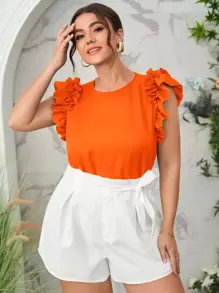 SHEIN Privé Plus Solid Ruffle Trim Top - Orange - View 5