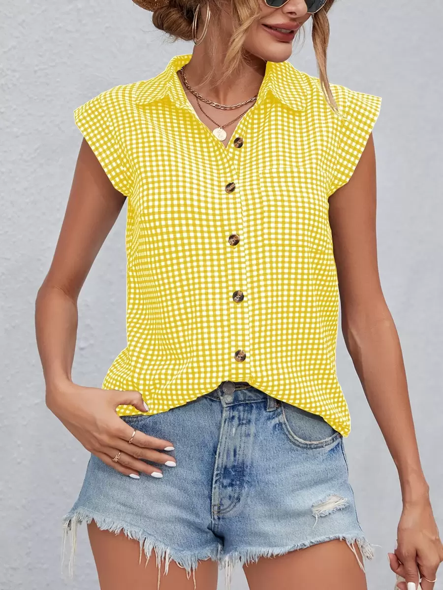 SHEIN Privé 雙色格子補丁貼口袋無袖襯衫 - 黃色 - 查看 1
