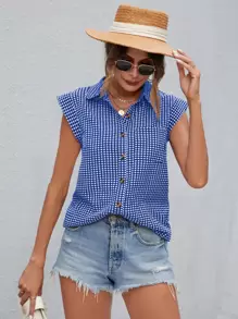 SHEIN LUNE 雙色格子補丁貼口袋無袖襯衫 - 藍白色 - 查看 3