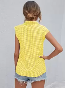 SHEIN Privé 雙色格子補丁貼口袋無袖襯衫 - 黃色 - 查看 2