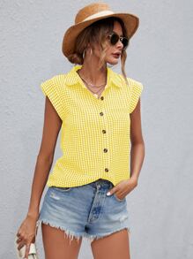 SHEIN Privé 雙色格子補丁貼口袋無袖襯衫 - 黃色 - 查看 4