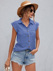 SHEIN LUNE 雙色格子補丁貼口袋無袖襯衫 - 藍白色 - 查看 4