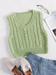 SHEIN Unity 麻花編織毛衣背心 - 綠色 - 查看 1