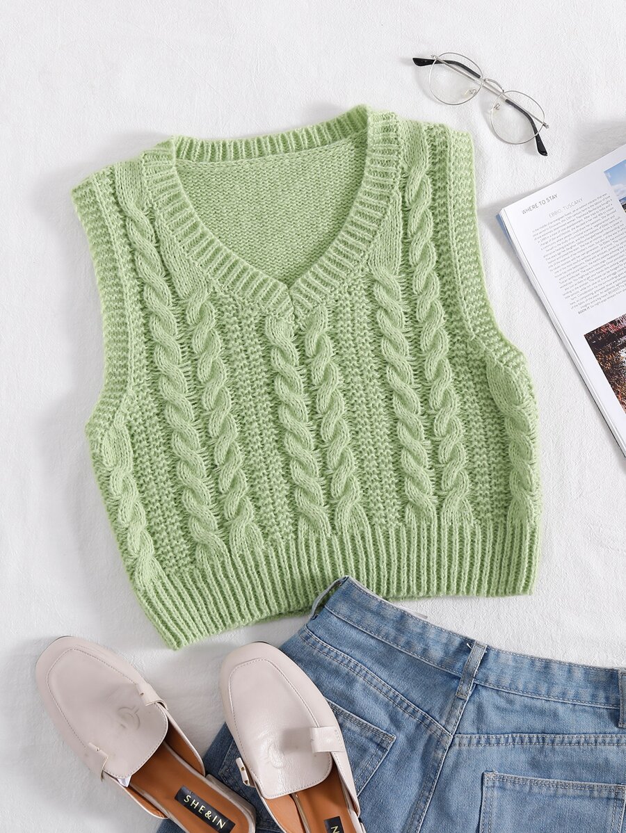 SHEIN Unity 麻花編織毛衣背心 - 綠色 - 查看 1