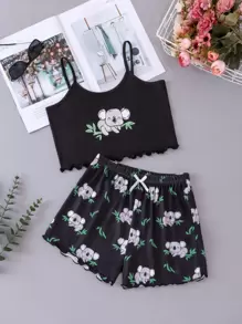 Girls Koala Print Lettuce Trim Bow Front PJ Set - Black - View 1
