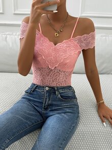 Zolique Cold Shoulder Lace Bodysuit - Pink - View 3