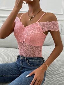 Zolique Cold Shoulder Lace Bodysuit - Pink - View 5