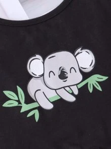 Girls Koala Print Lettuce Trim Bow Front PJ Set - Black - View 3