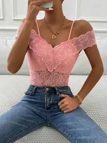 Zolique Cold Shoulder Lace Bodysuit - Pink - View 6