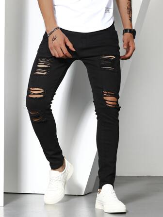 Manfinity LEGND Men Cotton Solid Ripped Skinny Jeans