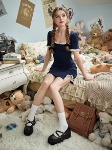 ROMWE Kawaii 蕾絲拼接開叉緊身連衣裙 - 藏蓝色 - 查看 4