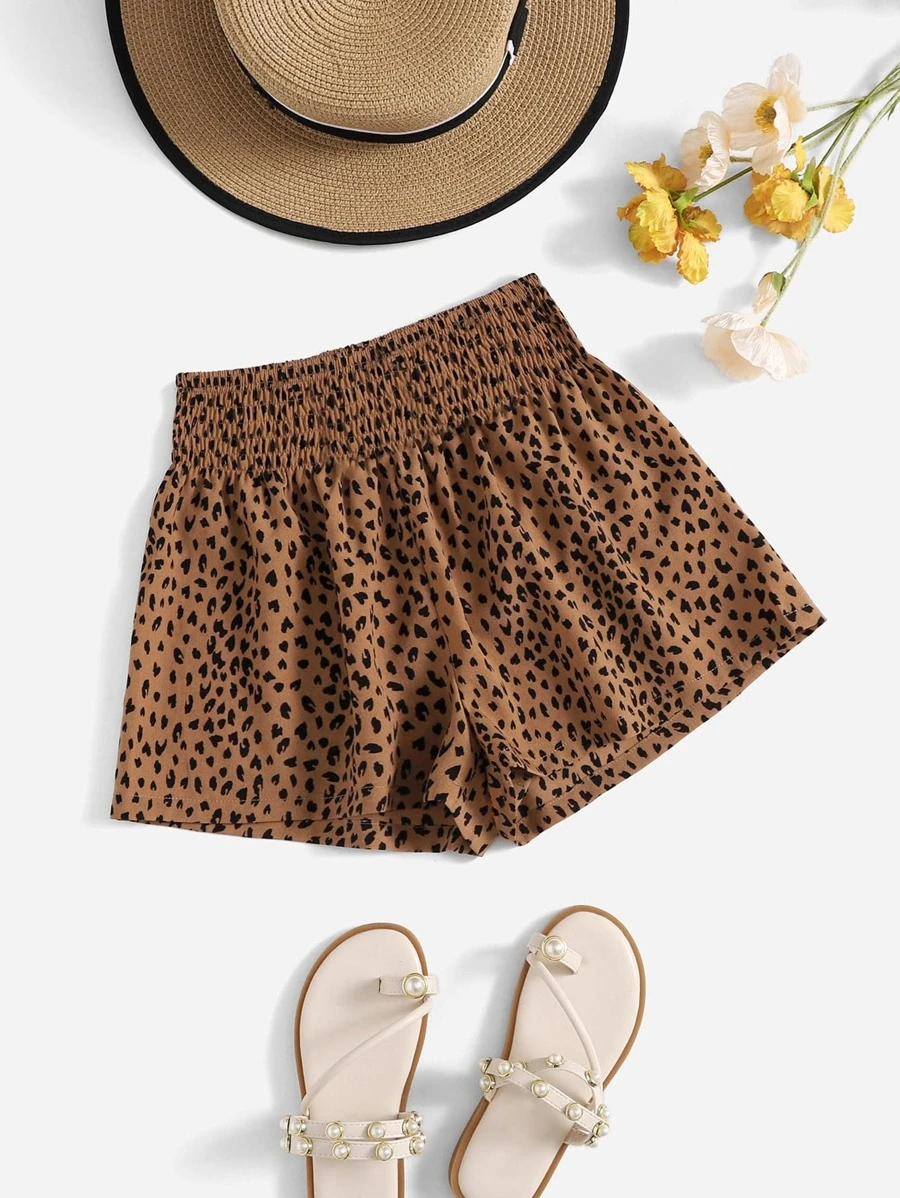 SHEIN VCAY Allover Print Shirred Waist Shorts - Brown - View 1