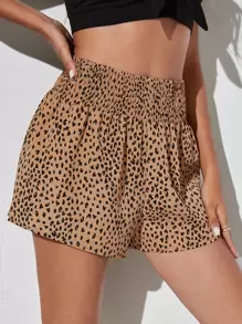 SHEIN VCAY Allover Print Shirred Waist Shorts - Brown - View 5