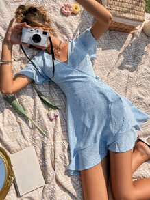 Soleia Vestido cruzado con estampado ribete con fruncido con cordón lateral - Azul - Ver 2