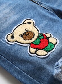 男式卡通字母贴花细节破洞牛仔裤 - 中等水洗藍 - 查看 3