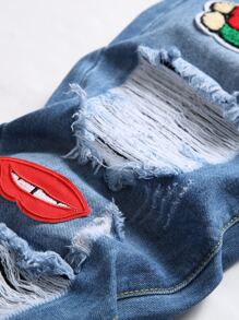 男式卡通字母贴花细节破洞牛仔裤 - 中等水洗藍 - 查看 4