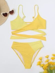 Colorblock Twist Bikini For Summer Beach - Yellow - View 4