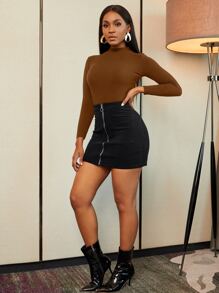 Zolique 口袋前拉链灯芯绒裙，女士春秋性感拉链迷你常规款高腰黑色灯芯绒纯色女士裙子，休闲日常穿着 - 黑色 - 查看 5