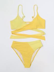 Colorblock Twist Bikini For Summer Beach - Yellow - View 7