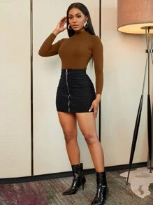 Zolique 口袋前拉链灯芯绒裙，女士春秋性感拉链迷你常规款高腰黑色灯芯绒纯色女士裙子，休闲日常穿着 - 黑色 - 查看 8