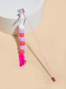 1pc Pom Pom Cat Teaser Wand, Pet Feather Toy, Pet Cat Teaser Stick, Cat Interactive Play Toy - Pink - View 3