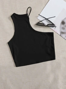 SHEIN EZwear Áo hai dây Gân đan màu trơn Gợi cảm - màu đen - Xem 2