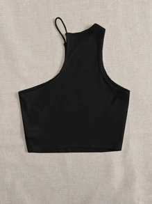 SHEIN EZwear Áo hai dây Gân đan màu trơn Gợi cảm - màu đen - Xem 3