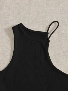 SHEIN EZwear Áo hai dây Gân đan màu trơn Gợi cảm - màu đen - Xem 5