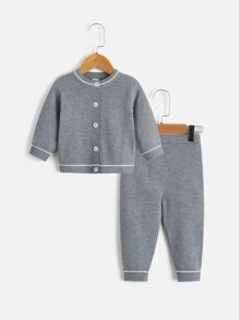 Bebé Cárdigan con patrón de rayas con pantalones tejidos - Gris - Ver 1