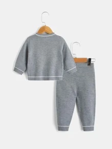 Bebé Cárdigan con patrón de rayas con pantalones tejidos - Gris - Ver 2