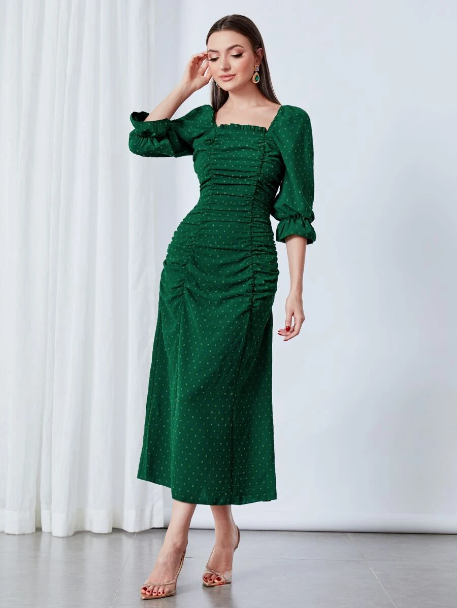 Modelyn Swiss Dot Flounce Sleeve Ruched Frilled Dress - Dark Green - View 1