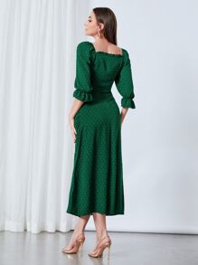Modelyn Swiss Dot Flounce Sleeve Ruched Frilled Dress - Dark Green - View 2