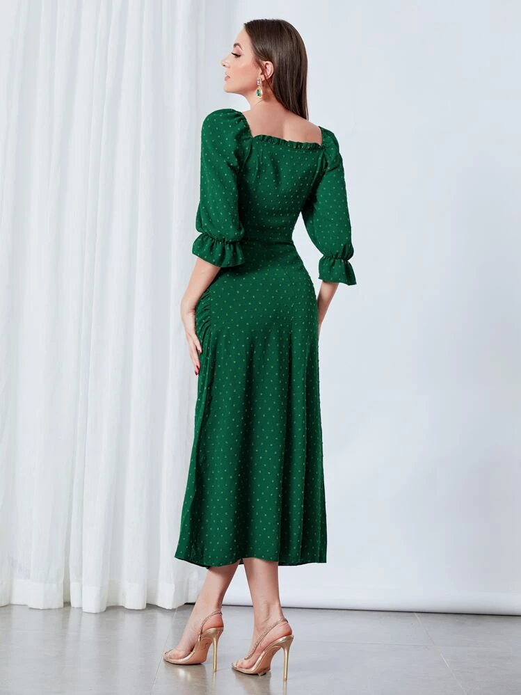 Modelyn Vestido de lunares de manga con volante fruncido fruncido - Verde Oscuro - Añade 2