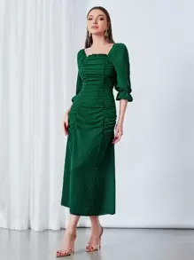 Modelyn Swiss Dot Flounce Sleeve Ruched Frilled Dress - Dark Green - View 3