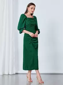 Modelyn Swiss Dot Flounce Sleeve Ruched Frilled Dress - Dark Green - View 4