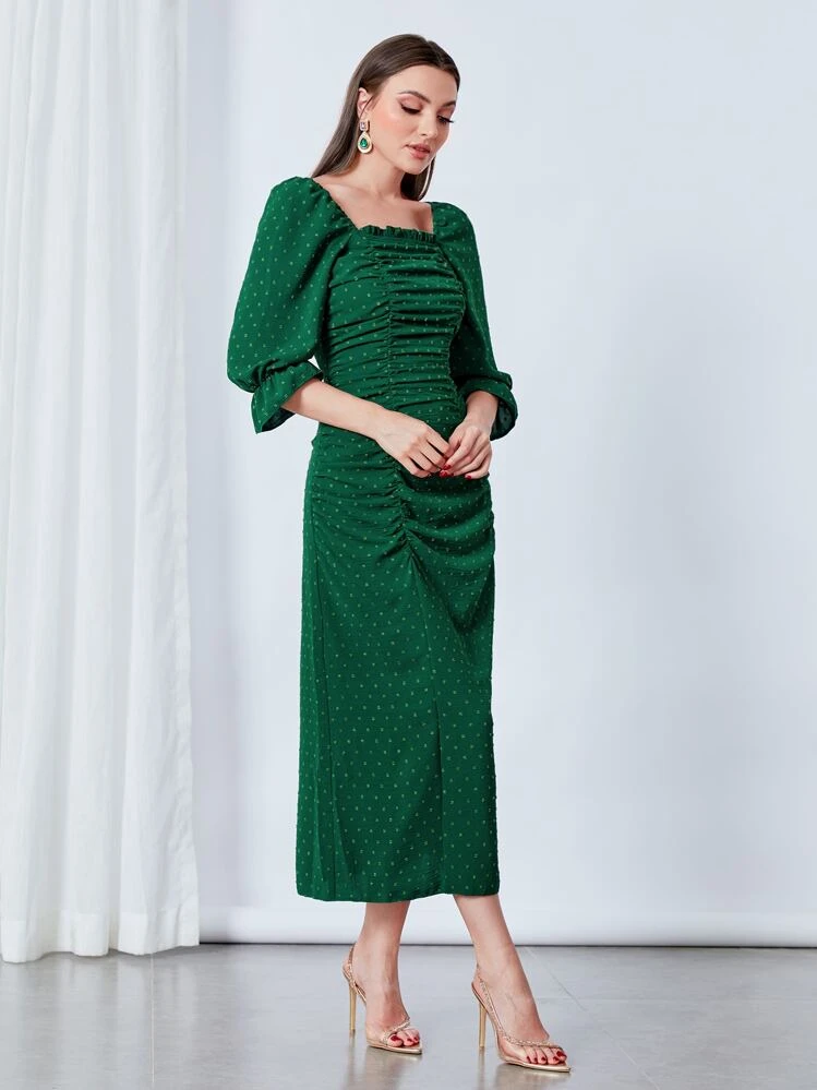 Modelyn Vestido de lunares de manga con volante fruncido fruncido - Verde Oscuro - Añade 4