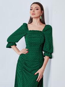 Modelyn Swiss Dot Flounce Sleeve Ruched Frilled Dress - Dark Green - View 5