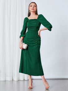Modelyn Swiss Dot Flounce Sleeve Ruched Frilled Dress - Dark Green - View 6