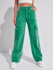 High Waisted Flap Pocket Cargo Jeans - Green - View 1