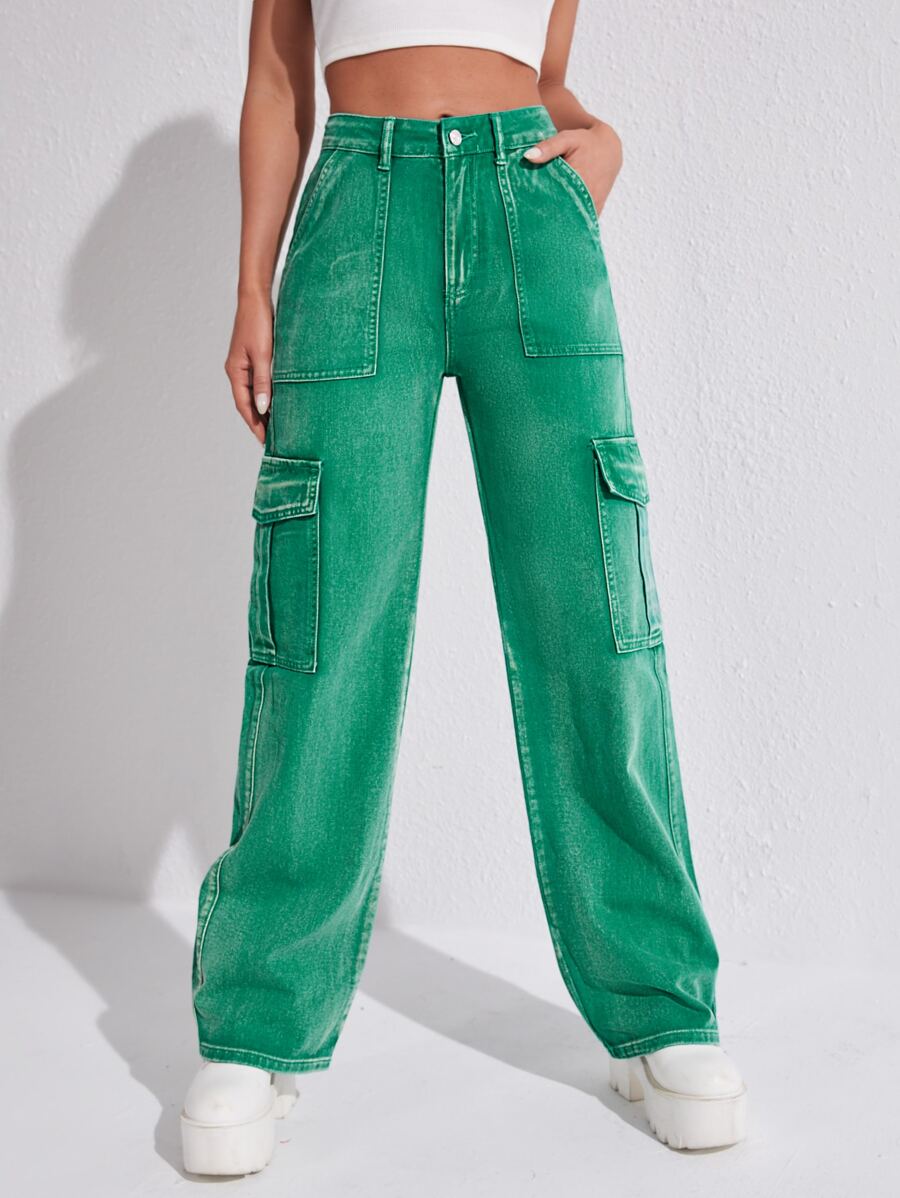 High Waisted Flap Pocket Cargo Jeans - Green - View 1