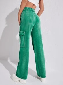 High Waisted Flap Pocket Cargo Jeans - Green - View 2