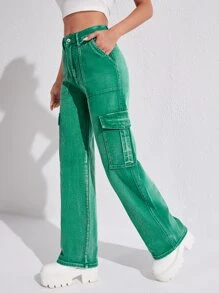 High Waisted Flap Pocket Cargo Jeans - Green - View 3