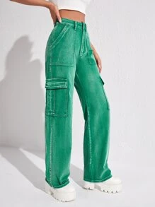 High Waisted Flap Pocket Cargo Jeans - Green - View 4