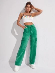 High Waisted Flap Pocket Cargo Jeans - Green - View 5