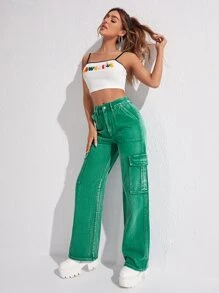 High Waisted Flap Pocket Cargo Jeans - Green - View 6