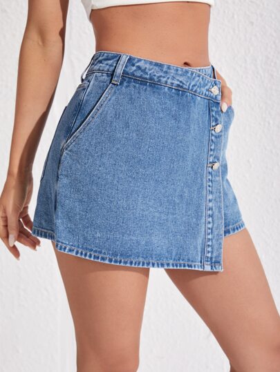 SHEIN ICON 高腰前紐扣牛仔裙褲