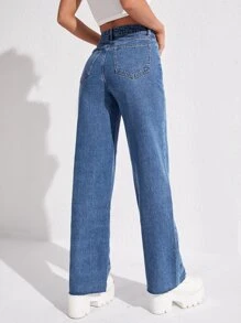 Zipper Fly Straight Leg Jeans - Medium Wash - View 2